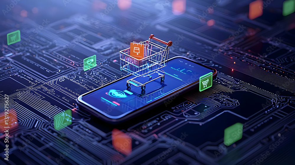 Poster digital illustration of a shopping cart on a smartphone screen displaying a circuit board pattern