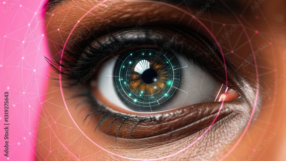 Poster big data ai predictive concept. close-up of an eye featuring a cosmic design and vibrant colors, emp