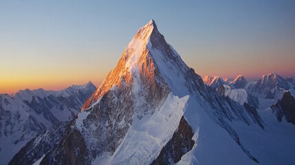 Obraz premium Majestic mountain summit at sunrise, snow-capped peak reflecting warm hues, emphasizing nature's grandeur, ideal for adventure themes.