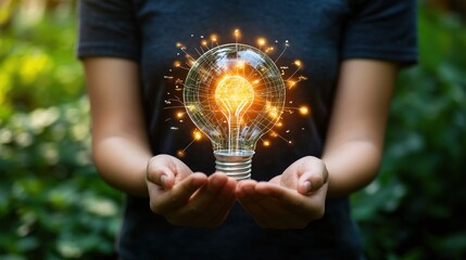 Glowing Ideas: A Person Holds a Bright Light Bulb, Symbolizing Innovation, Creativity, and New Beginnings in a Lush Green Setting