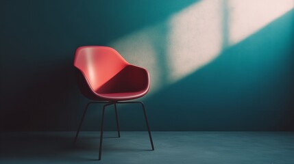 A Solitary Red Chair Bathed In Sunlight Awaits, A Silent Story Of Anticipation And Quiet Contemplation Against A Teal Wall