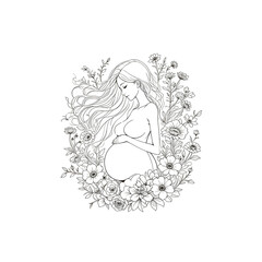Baby growing in mother womb during pregnancy, the beauty of maternity. Anti-stress adult coloring book page.