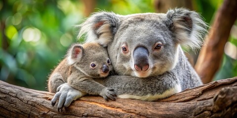 Obraz premium A mother koala tenderly embraces her young joey, resting on a weathered tree branch amidst a lush green backdrop, showcasing the profound bond between parent and offspring in the wild.