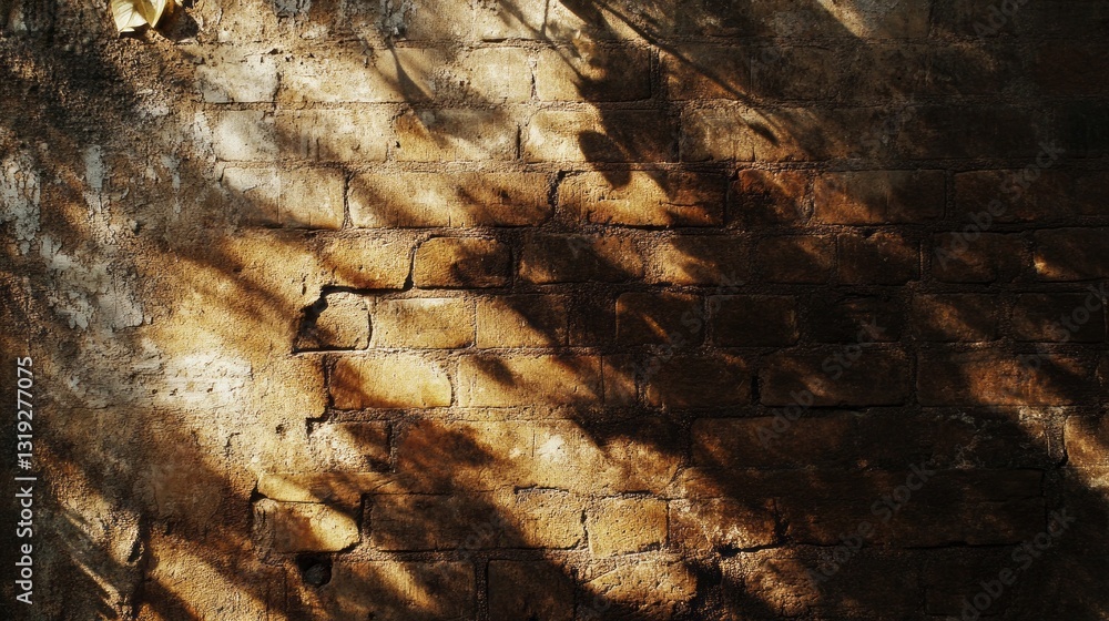 Poster warm sunlight filters through foliage, creating a tapestry of shadows on a weathered brick wall. thi