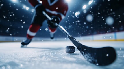 Ice hockey player in action, male athlete wearing team jersey, dynamic movement on rink surface, perfect for sports promotion.