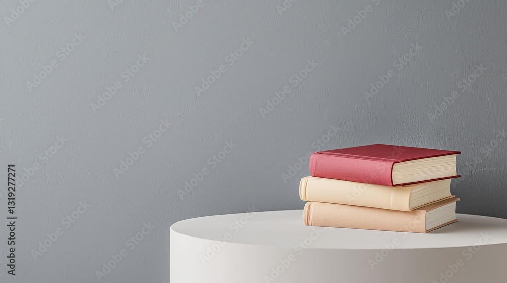 Poster a stack of three books rests on a round white table against a light gray wall, creating a minimalist