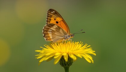 Obraz premium Butterfly resting on a yellow flower in a close-up nature photograph