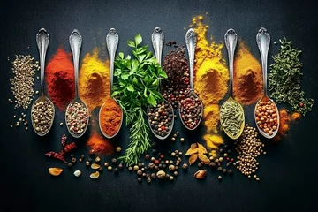 Tableau sur plexiglas Cuisine Colourful various herbs and spices for cooking on dark background   © Khawla