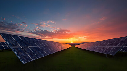 Solar Panel Array At Sunset Reflecting Orange And Purple Sky Green Grass Renewable Energy Sustainable Energy