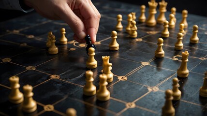 Hand Moving Chess Piece on a Traditional Chessboard