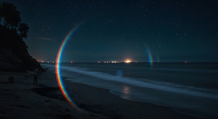 Beautiful nighttime beach scene showcases a rainbow arch above calm ocean waters under a starry sky near a coastal town with distant lights twinkling Generative AI