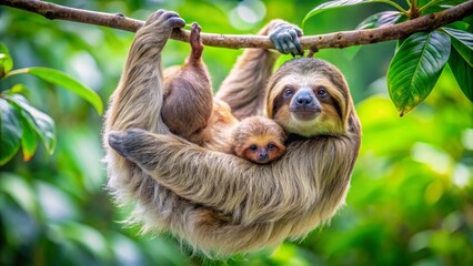 Naklejka premium A mother sloth tenderly cradles her baby, hanging peacefully from a verdant jungle branch, a heartwarming scene of wildlife in its natural habitat.