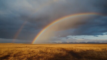 Vibrant rainbow arching over a golden field, dramatic sky with clouds, nature&rsquo;s beauty and inspiration, perfect for uplifting messages.