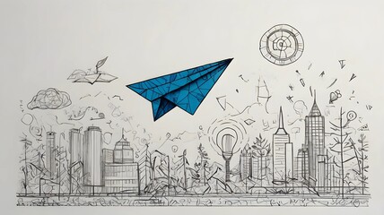 Artistic Illustration of a Blue Paper Airplane with Cityscape
