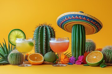 Happy Cinco de Mayo colorful party theme with bright color margarita drinks, Cactus in a sombrero and tequila margaritas on a table and yellow background. 