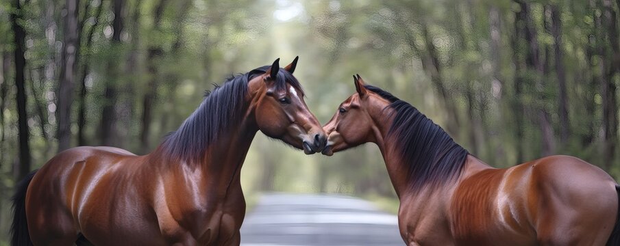 Two brown horses standing close together in a forest setting