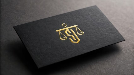 Lawyer business card concept. Elegant business card featuring golden scales of justice on a textured black background.