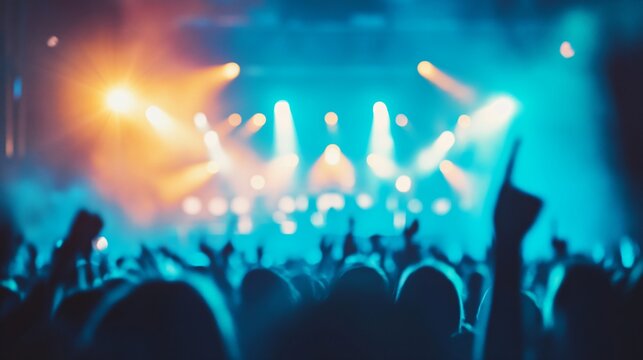 Energetic concert crowd enjoying live music, vibrant lights illuminating excited fans celebrating the performance.