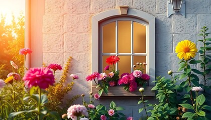 Fototapeta premium Colorful Flower Garden with Bright Blooms Next to a Charming Window on a Sunny Day