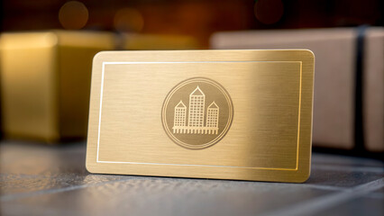 Real estate business card concept. Gold card with a city skyline design, set against a blurred background of gift boxes.