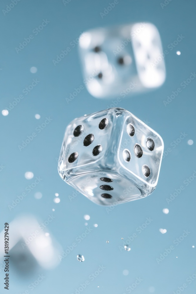Poster surreal composition featuring transparent dice rolling on mirrored surface creating vibrant reflecti
