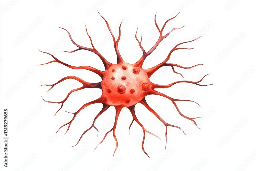 Poster vibrant watercolor depiction of a neuron with intricate branching structures