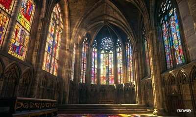 Sunlight streams through jewel-toned stained glass in a Gothic cathedral, casting vibrant biblical scenes onto ancient stone floors and fluted pillars, with dust motes drifting under vaulted arches. - Powered by Adobe