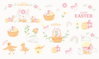 Vector set of cute easter egg, chicks, and rabbit