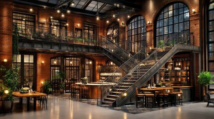 Fototapeta premium Industrial Loft Interior Design Featuring Metal Staircase and Brick Walls