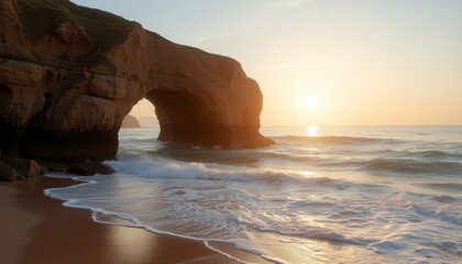  Stunning sunset view of ocean waves rolling through a majestic rock arch
