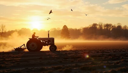 Fototapeta premium Vintage tractor plowing field at sunrise, agricultural serenity