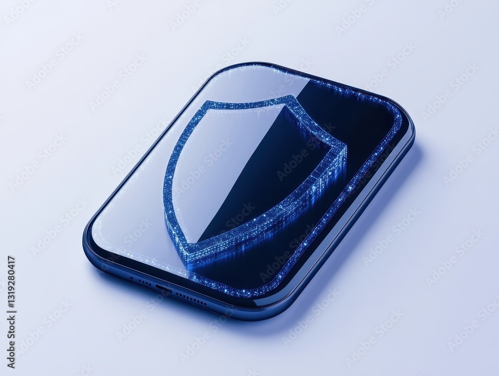 Poster modern smartphone displaying a digital shield symbolizing security and protection