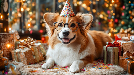 An attentive dog with glasses and a holiday hat on his head lies on the floor surrounded by presents