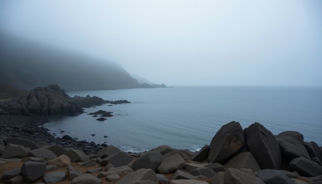 Misty ocean view with fog rolling over the rocky coastline