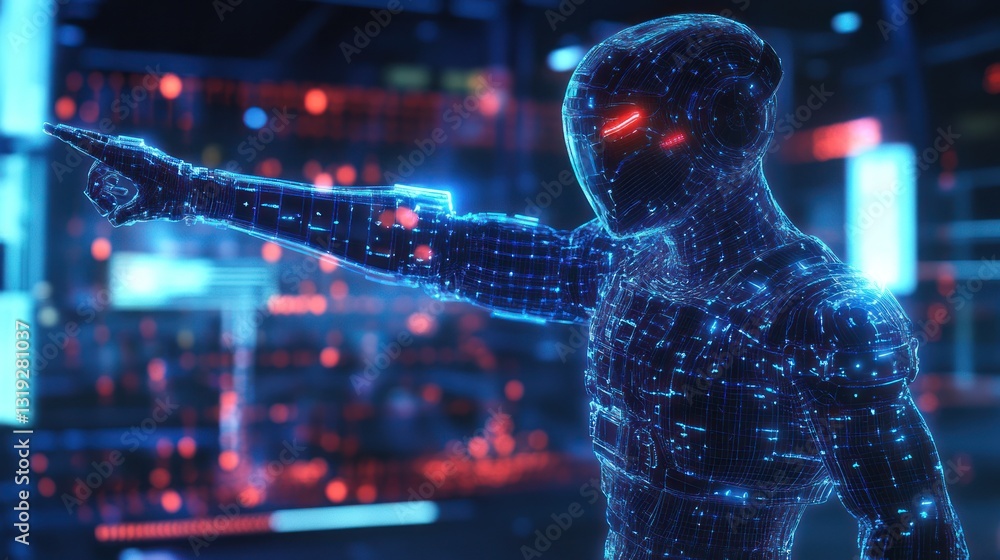 Wall mural futuristic robot pointing in a city background. possible stock photo use