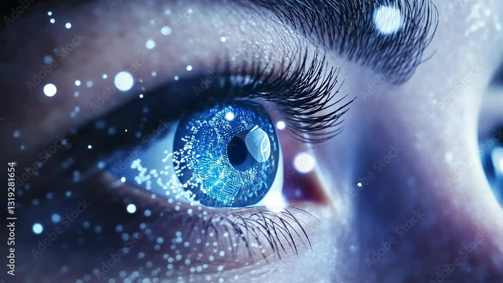 Poster eye reflects digital data and technology concepts in a close-up view showcasing intricate details in