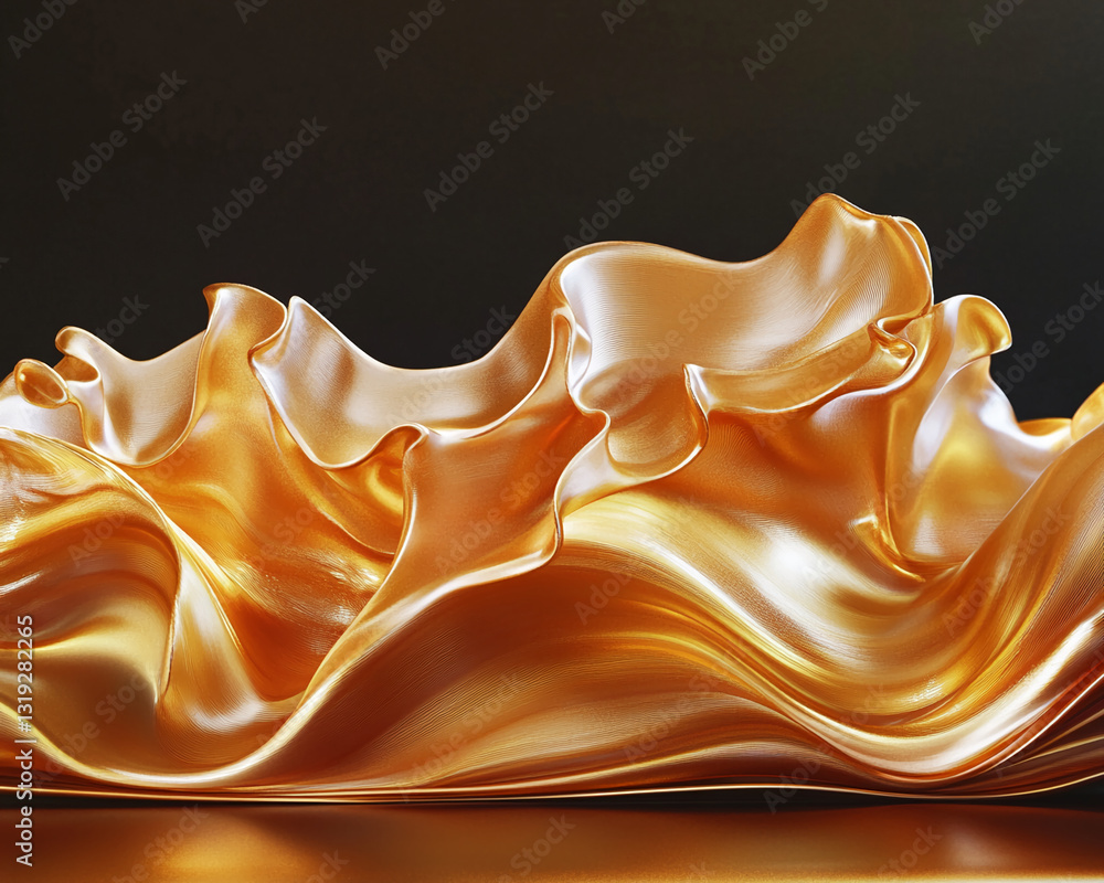 Poster golden fabric flowing waves, creating elegant and luxurious texture suitable for a showcase or backg