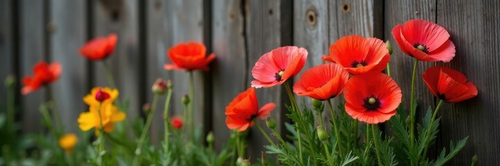 Obraz premium A bundle of fresh picked poppies against a rustic wooden fence in England, pink, yellow