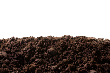 Fertile soil closeup, texture background. Black ground surface for gardening season. Soil isolated on white background