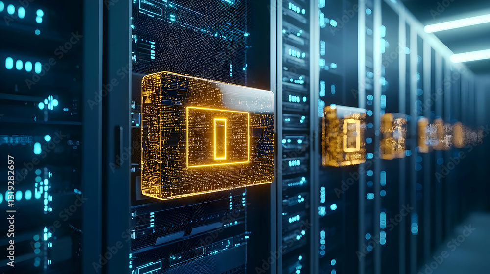 Poster illuminated golden server units with data flow in modern data center with blue backlit