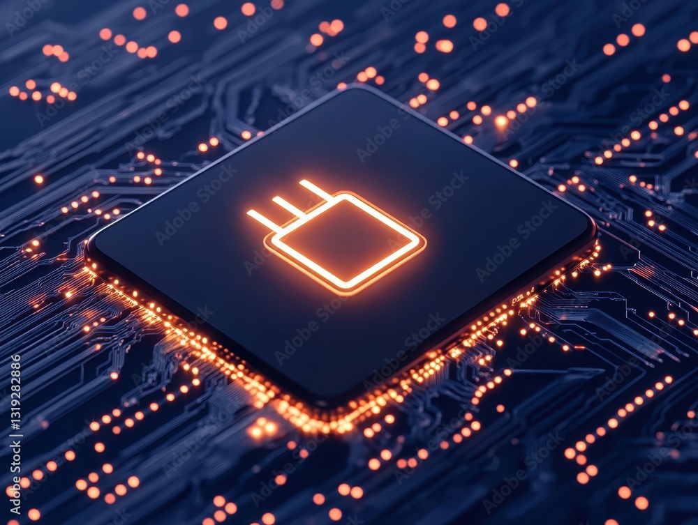 Poster close-up of a glowing microchip on a circuit board with digital connections