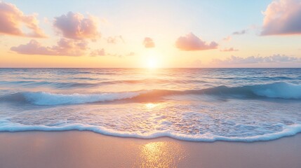 Obraz premium Tranquil beach scene at sunset, gentle waves lapping shore, warm hues reflecting on water, perfect for relaxation or inspiration.