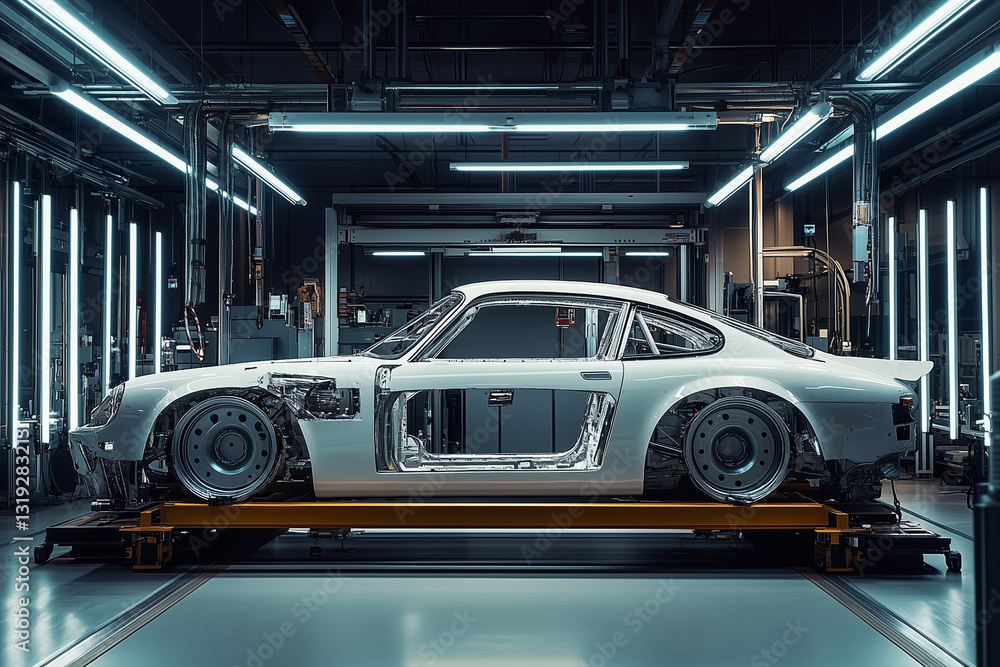 Poster frame of white car is prominently displayed industrial workshop, showcasing its intricate design and
