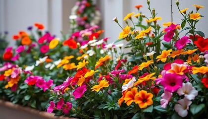 Fototapeta premium Vibrant Floral Display in Garden Bed with Colorful Blossoms and Lush Green Foliage