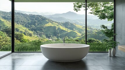 Modern Bathroom with Scenic Mountain View and Elegant Bathtub