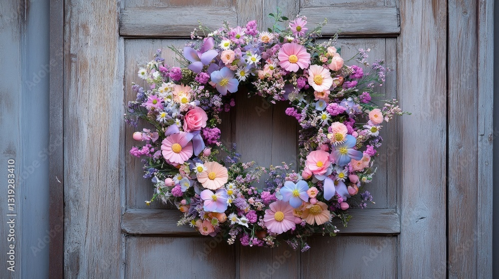 Poster a beautiful floral wreath crafted from an array of colorful flowers is displayed on an aged wooden d