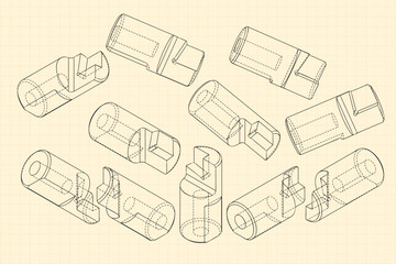 Mechanical engineering drawings on sepia background. Cutter, assembly tool with replaceable multi-faceted plate. Technical Design. Cover. Blueprint. Vector illustration.