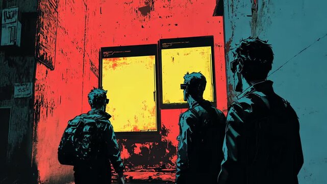 Dystopian Retro Cartoon Animation Depicting Futuristic Cyberpunk Rebellion in a Post-Apocalyptic Metropolis with Surveillance and Oppression Themes