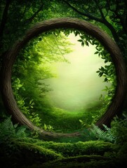 Fototapeta premium A mystical forest scene framed by a circular tree, featuring lush greenery and soft light, evoking tranquility and exploration.