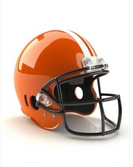 Fototapeta premium Orange Football Helmet: A close-up shot of a glossy orange football helmet, showcasing its sleek design and protective features, symbolizing the intensity and spirit of the game.